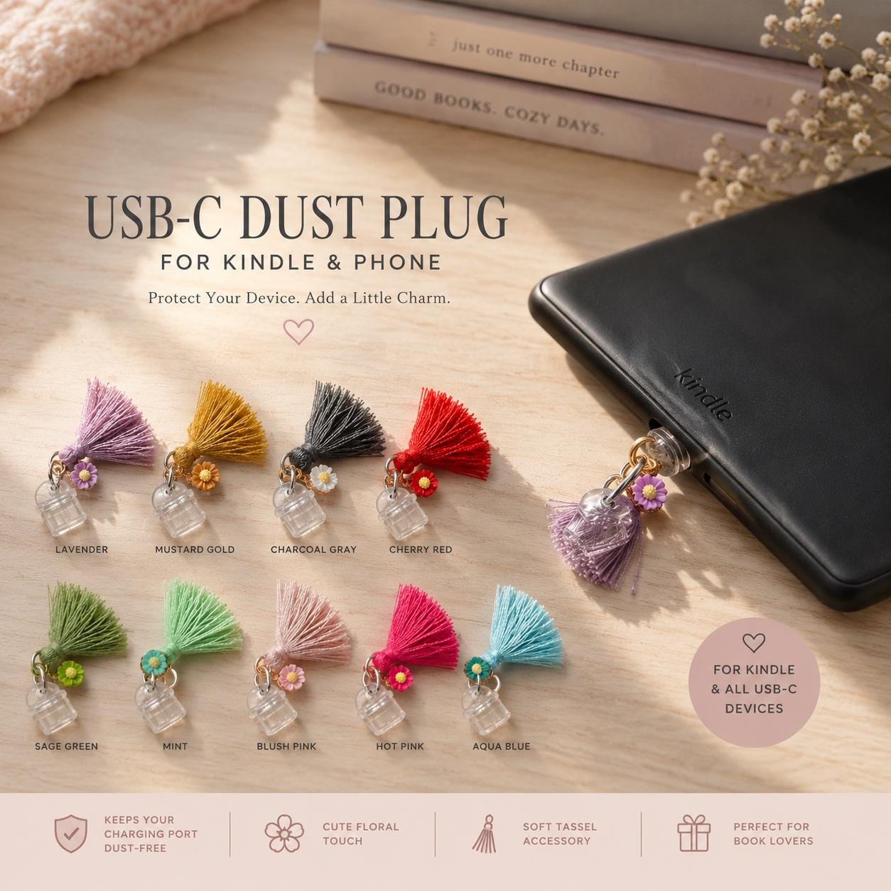 Floral USB-C Dust Plug Charm | Kindle Phone Port Protector, Tassel Accessory