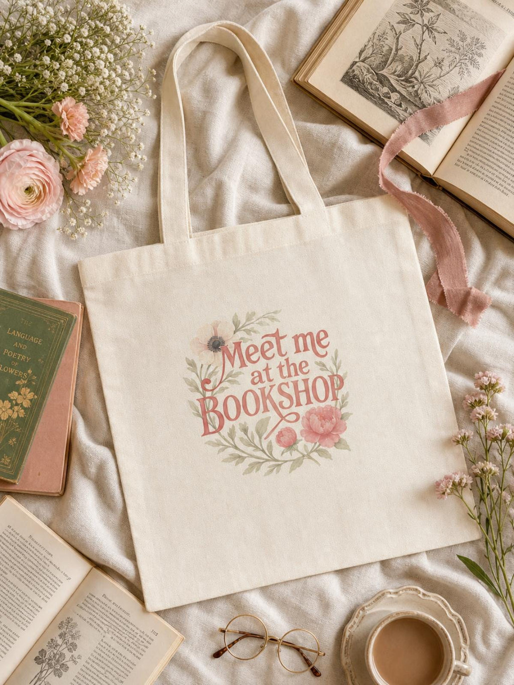 Meet Me at the Bookshop Tote Bag | Floral Canvas Book Lover Tote