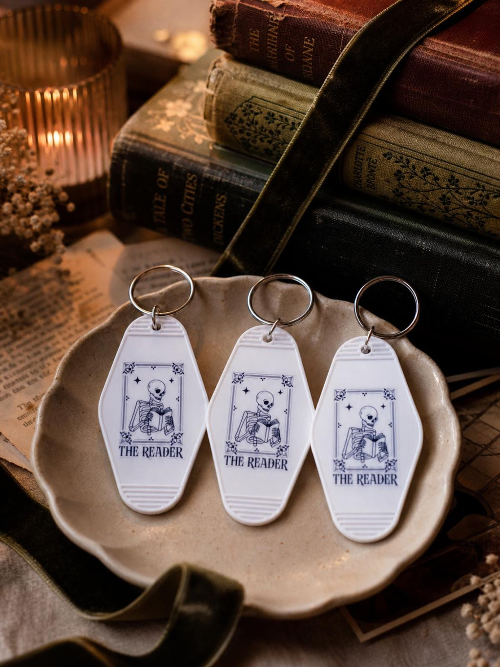The Reader Tarot Motel Keychain | Skeleton Book Lover Gift, Dark Academia Accessory