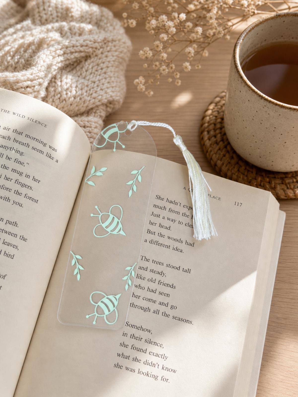 Bee Acrylic Bookmark with White Tassel | Botanical Design Reader Gift