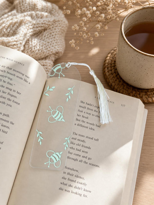 Bee Acrylic Bookmark with White Tassel | Botanical Design Reader Gift