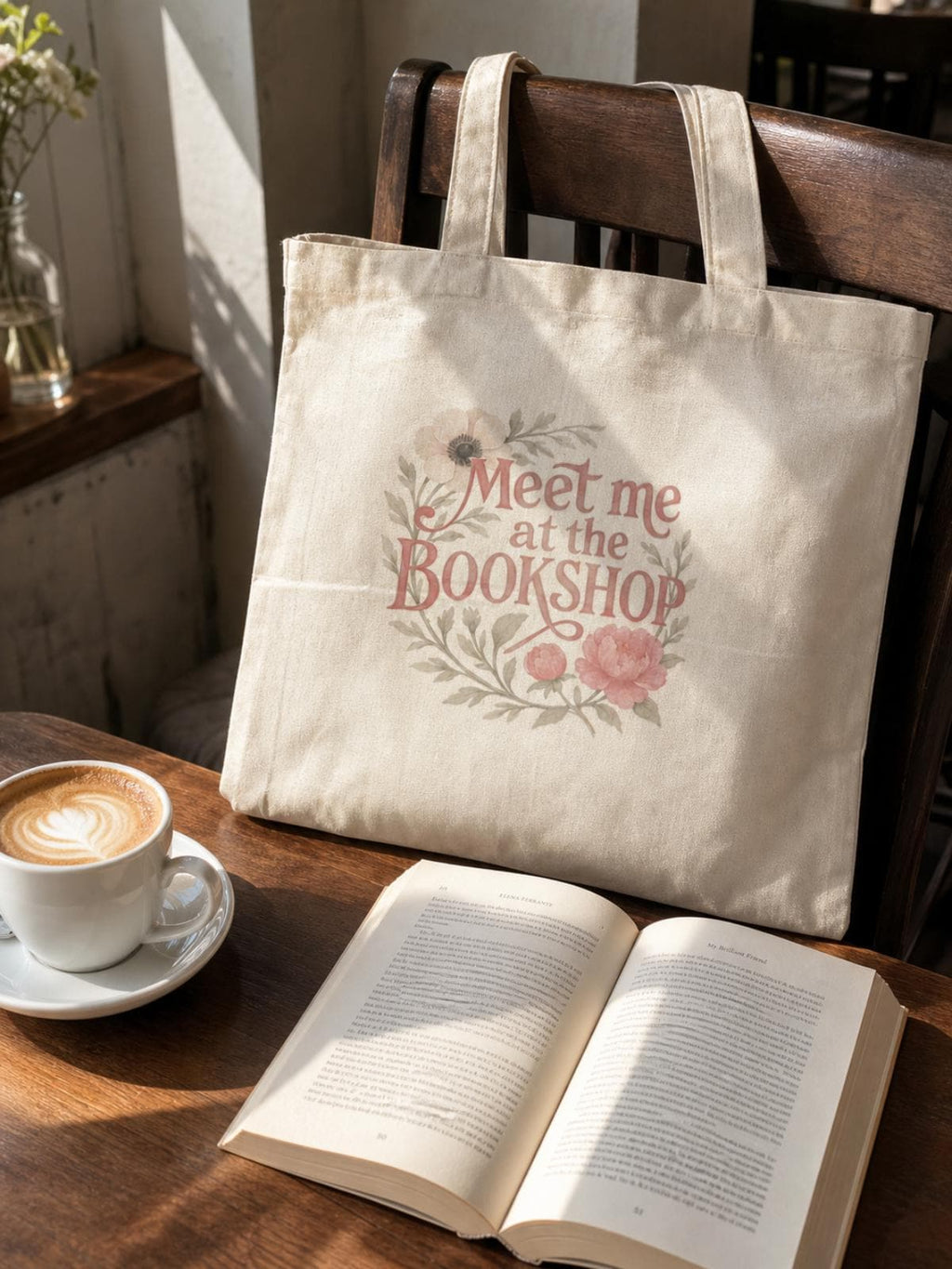 Meet Me at the Bookshop Tote Bag | Floral Canvas Book Lover Tote