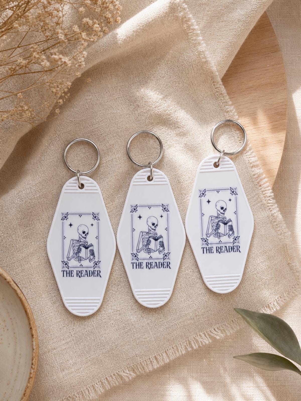 The Reader Tarot Motel Keychain | Skeleton Book Lover Gift, Dark Academia Accessory