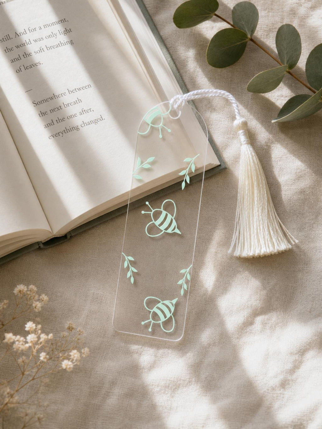 Bee Acrylic Bookmark with White Tassel | Botanical Design Reader Gift