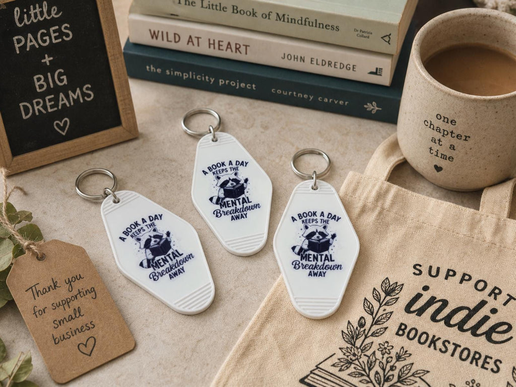 Motel Keychain | Funny Reading Raccoon Book Lover Accessory