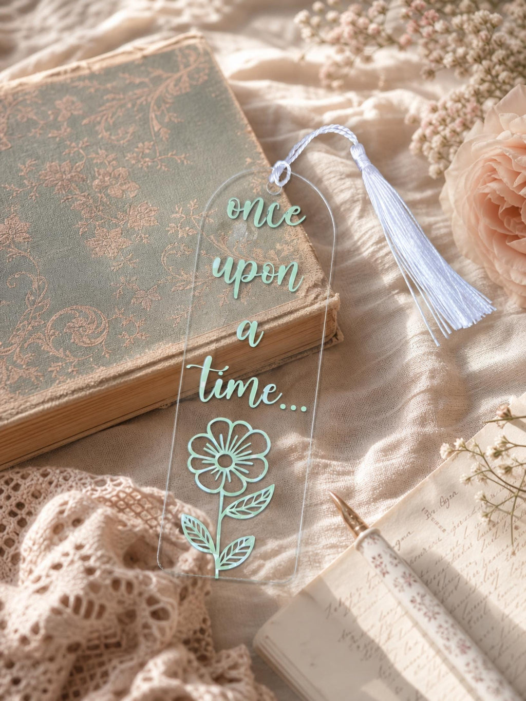 Once Upon a Time... Floral Acrylic Bookmark | Transparent Book Lover Bookmark | Gift for Readers
