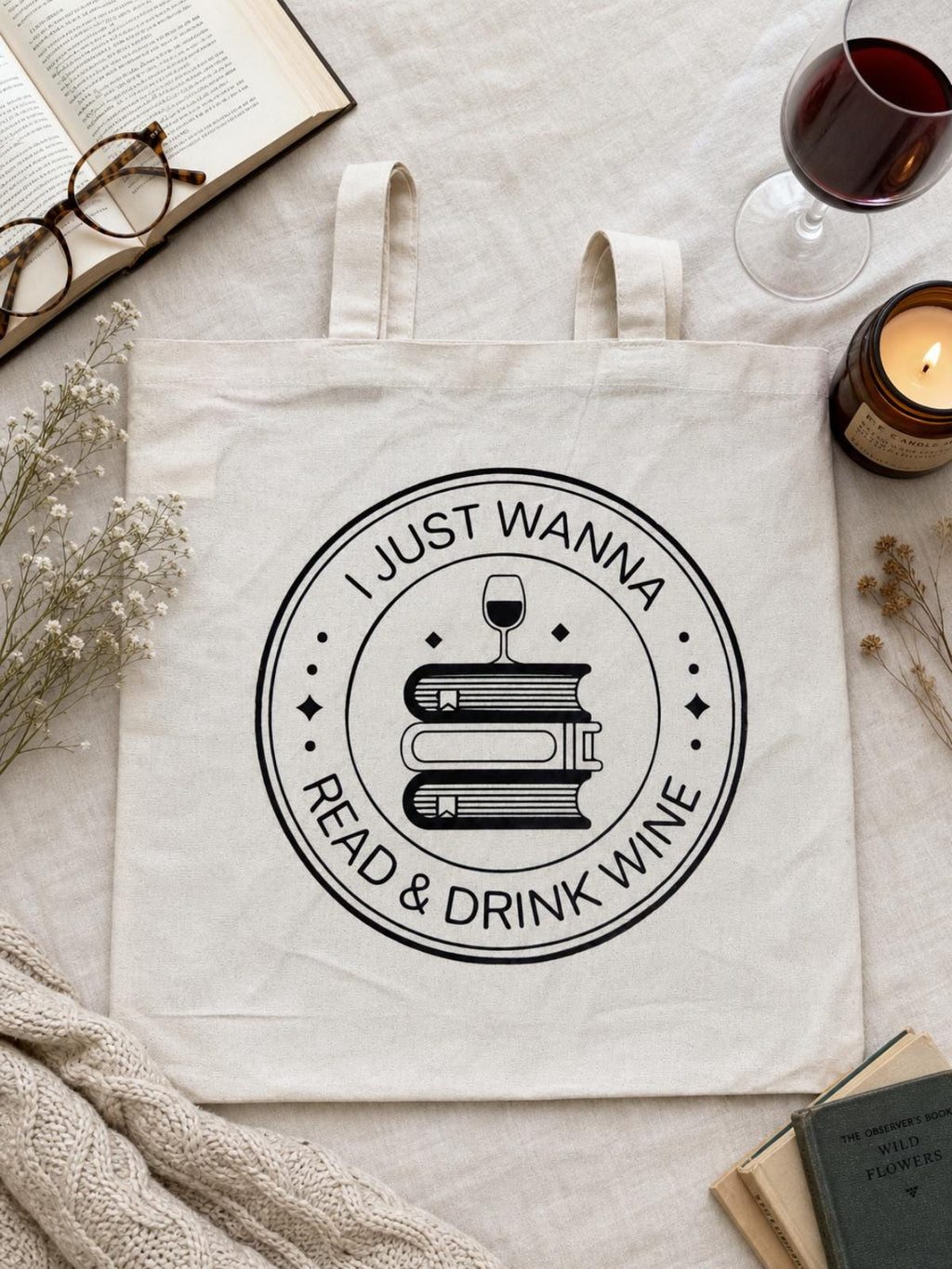 Canvas Tote Bag | Book Lover, Wine Enthusiast Read & Drink Wine Design