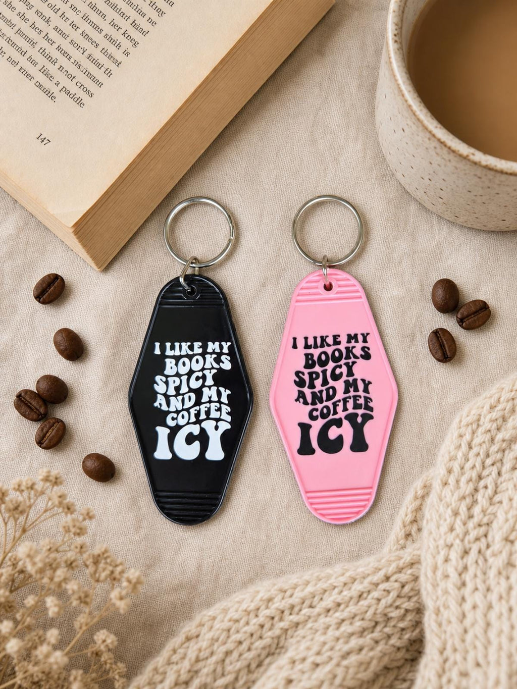 Spicy Books Icy Coffee Motel Keychain | Acrylic Book Lover Accessory