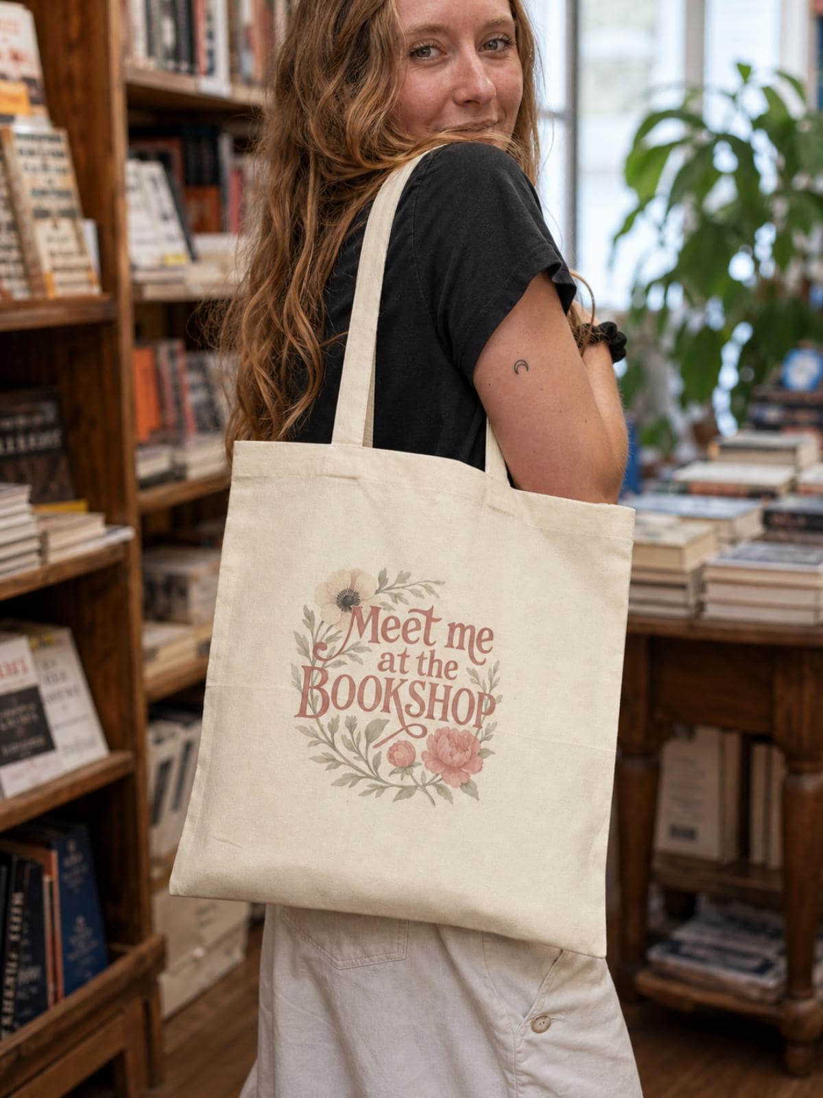 Meet Me at the Bookshop Tote Bag | Floral Canvas Book Lover Tote