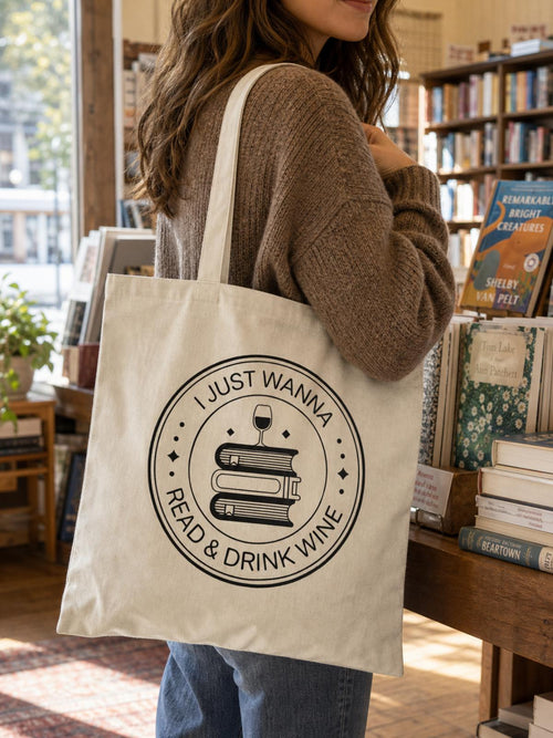 Canvas Tote Bag | Book Lover, Wine Enthusiast Read & Drink Wine Design
